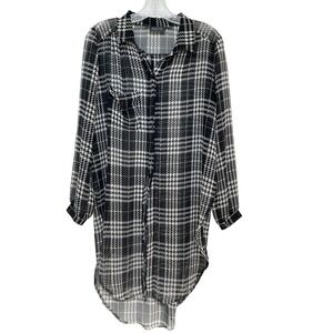 ASTR the Label Women Black White Plaid Sheer High Low Button Down Tunic AT11092